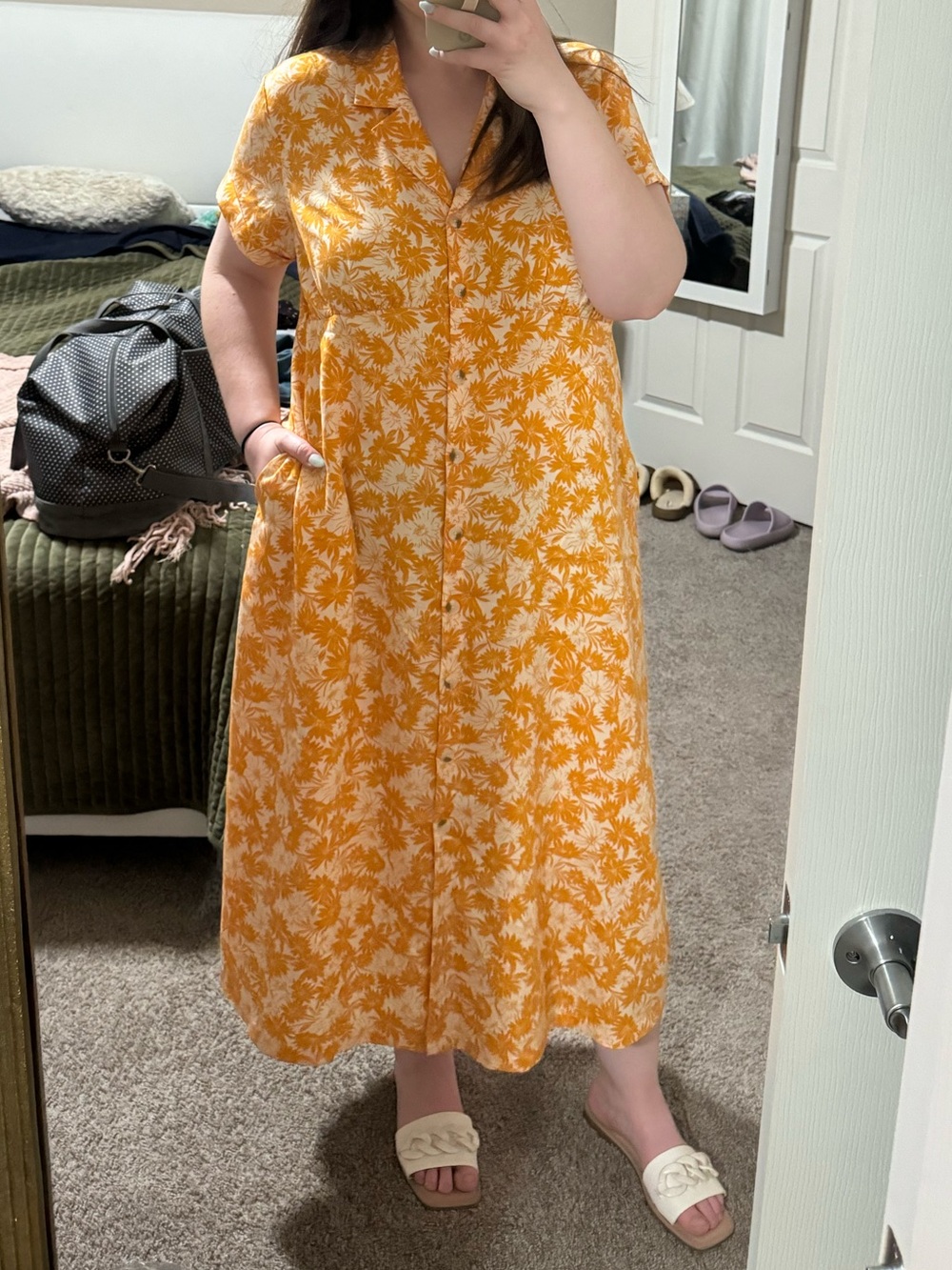 Terra & Sky Yellow Floral Button-Front Midi Dress